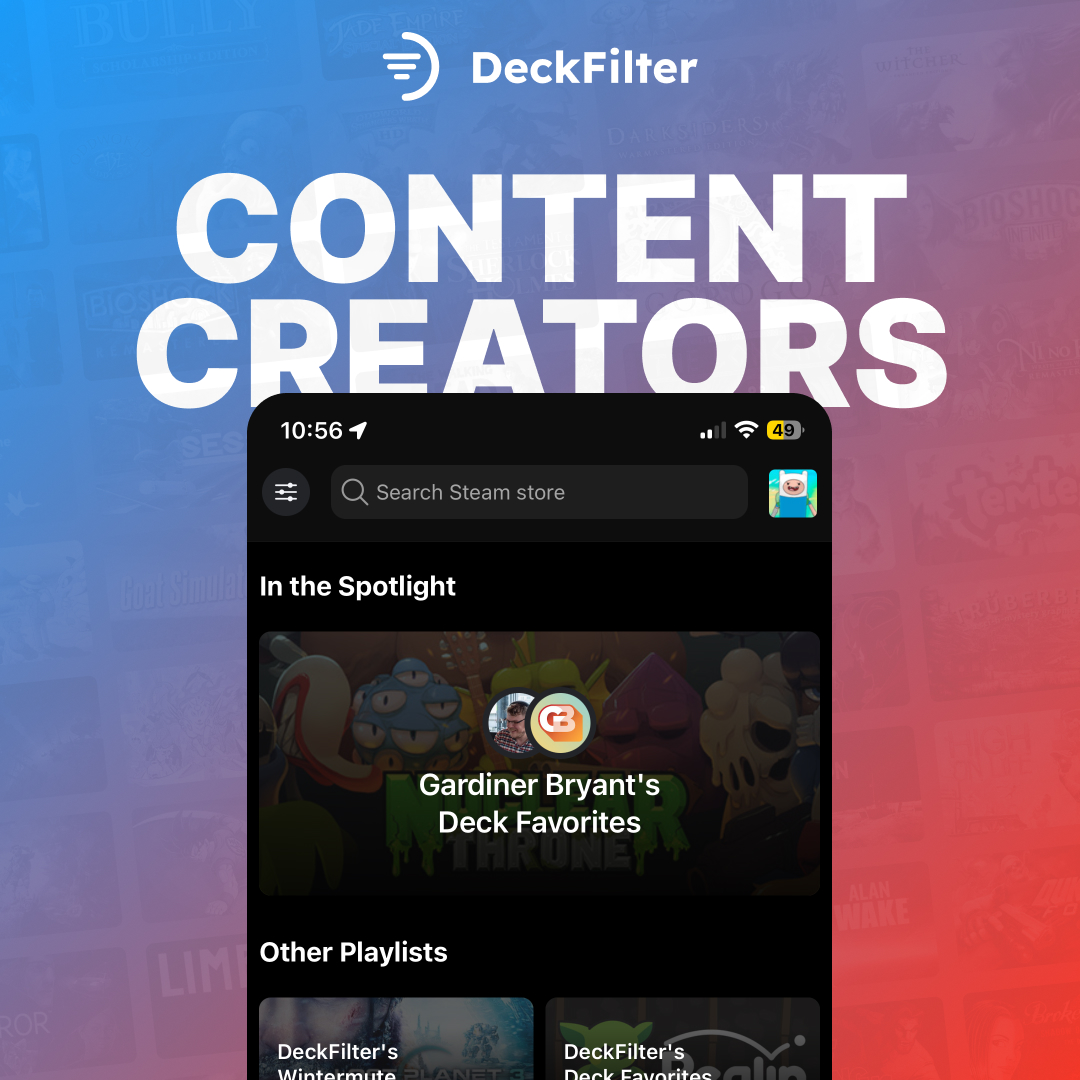 DeckFilter's tweet photo. 🚨 Calling all Content Creators 🚨
Make Steam Deck or handheld PC videos, shorts, streams, or posts?
DeckFilter is looking for creator playlists to feature in the app ❤️ your game picks, your profile, your links, your credit.
Apply in the first reply 👇
#SteamDeck #HandheldPC