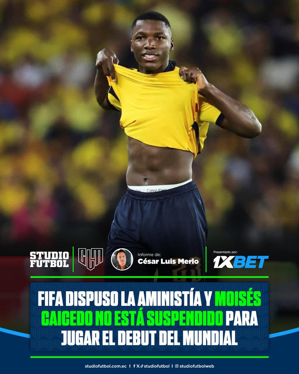 🚨[EXCLUSIVO] FIFA dispuso la aministía y Moisés Caicedo no está suspendido para jugar en el debut del Mundial. 
*️⃣También se les quitaron las tarjetas a Nicolás Otamendi 🇦🇷 y Tarek Salman 🇶🇦.
ℹ️Para <a href="/StudioFutbol/">StudioFútbol ⚽</a> presentada por <a href="/1x_ecuador/">1xBet Ecuador</a>