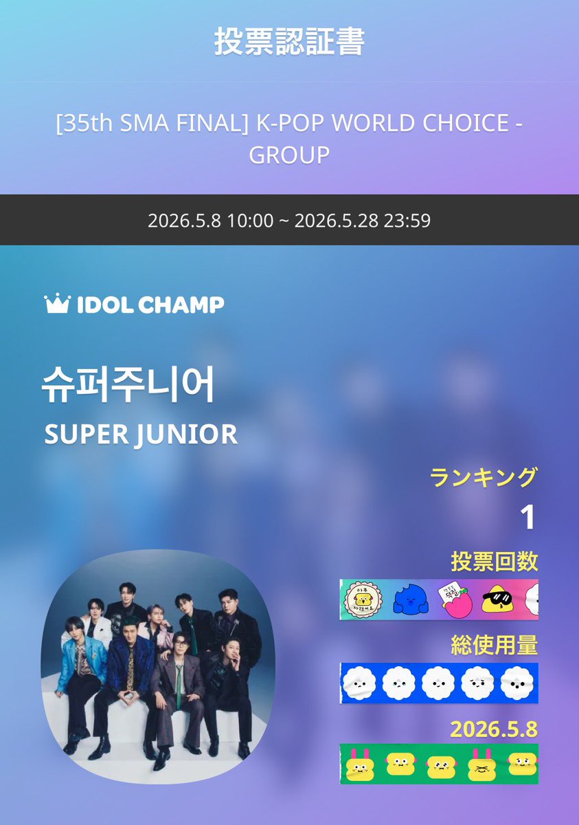今日の分投票したよー🗳️
#슈퍼주니어 #SUPERJUNIOR
#15thSMAtrophy4SuJu