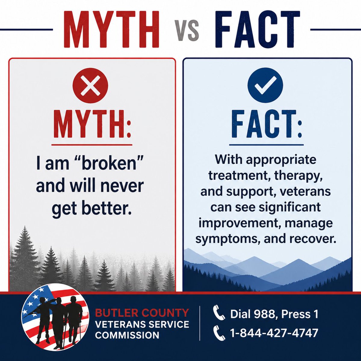 BcVsc's tweet photo. MYTH: Talking about mental health makes things worse.
FACT: Opening up can save a life.

Support is available:
📞 988 (Press 1)
📞 Butler County Crisis Line: 1-844-427-4747

You are not alone. #YouAreNotAlone #StopVeteranSuicide #BCVetsOH https://t.co/4CQQVcFDHc