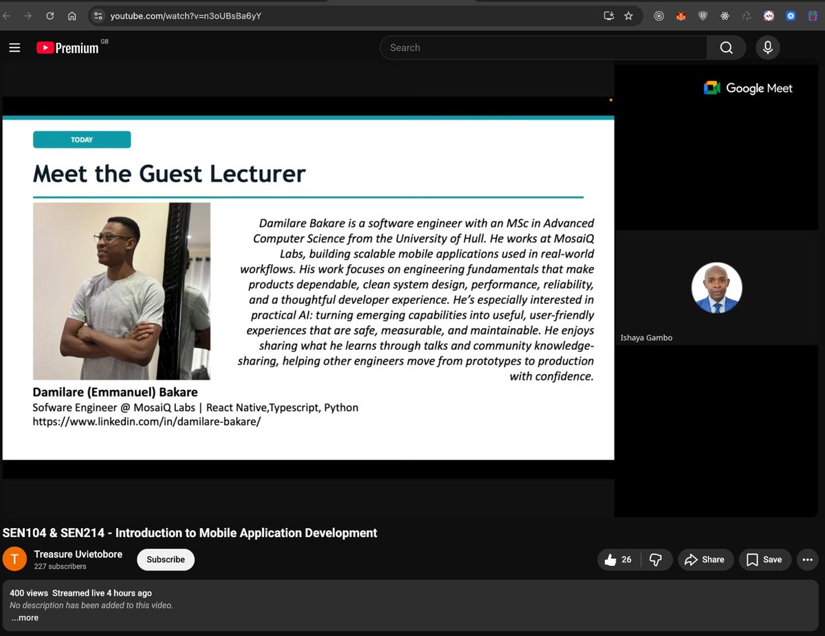 I recently had the privilege of lecturing over 400 200-level students in the Department of Software Engineering at <a href="/OAUniversity/">Obafemi Awolowo University</a>  on Mobile App Development, with a focus on React Native.

Grateful for the opportunity to give back to my alma mater.