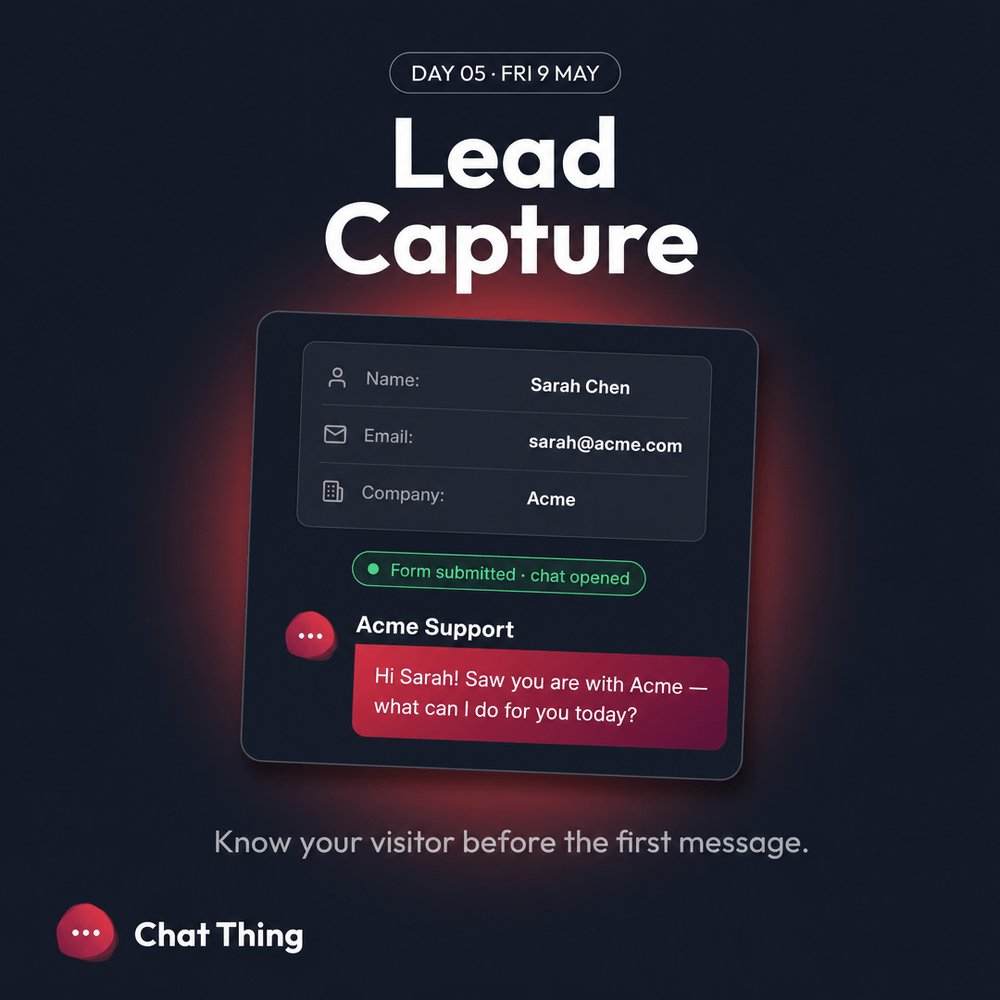 chatthingai's tweet photo. Day 5 of Chat Thing Level-Up.

Every chat on your site starts with a stranger. They ask, they get an answer, they leave. You never know who they were.

Lead Capture shows a short form before the chat opens. By the time they send their first message, you already know who they are.

It is not a popup. It is an introduction.

https://t.co/7Un0vb0T7I