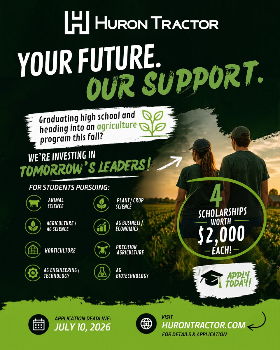 HuronTractorLtd's tweet photo. At Huron Tractor, we believe in investing in the future of Ontario agriculture and our communities.

Each year, the Huron Tractor Scholarship Program supports students pursuing post-secondary agricultural education. 

Visit the link to learn more: https://t.co/y5qA2LhUjm https://t.co/63xBY2s3ZV