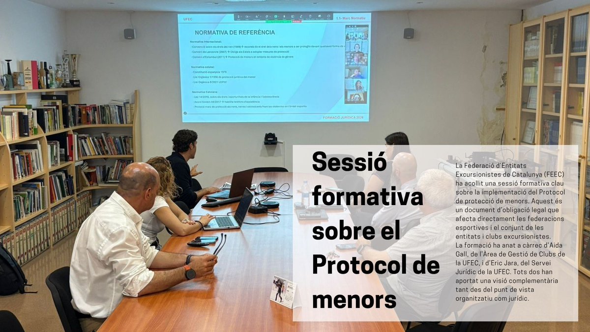 FEEC_cat's tweet photo. La #FEEC acull una sessió formativa sobre la implementació del Protocol de protecció de menors, a càrrec de la @UFECcat. 

🎯 Marc normatiu actual
🎯 Responsabilitats de la Federació
🎯 Paper clau de les entitats excursionistes en la protecció efectiva dels infants i adolescents

🔗https://t.co/3AW6Ue9rCf

#sentlamuntanya #sommuntanya #somentitats