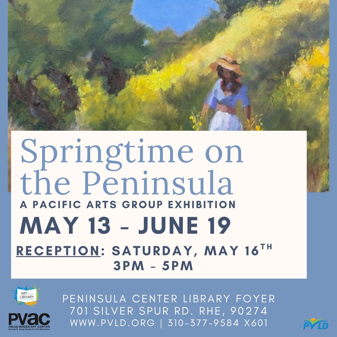 pvld's tweet photo. Experience the awe of spring's renewal through the creative expressions by artists from the Pacific Arts Group of the PV Art Center. The Springtime on the Peninsula exhibition will run from May 13 through June 19 in the PC Library foyer with a reception on May 16 from 3pm-5pm. https://t.co/NnyAom0VD6