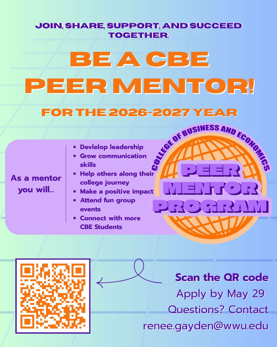 cbewwu's tweet photo. Want to be a leader? Start here.⬇️ 

Applications for the 2026-2027 CBE Peer Mentor program are officially OPEN.

Don’t just take classes... shape the experience for the next generation of CBE students.
Deadline: May 29th

#WWUCBE #Leadership #WesternWashington #CBE #BellinghamWA https://t.co/7vO9MXdKX7