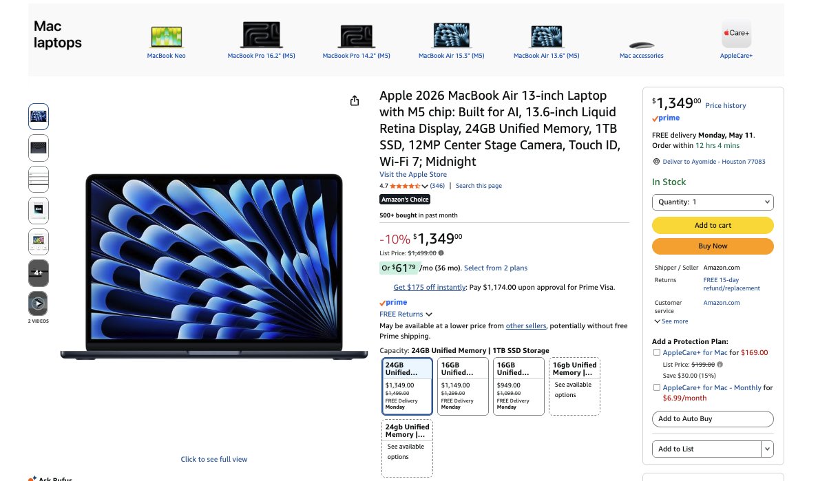 DEAL OF THE DAY 

Apple 2026 MacBook Air 13-inch Laptop with M5 chip: Built for AI, 13.6-inch Liquid Retina Display, 24GB Unified Memory, 1TB SSD,  is currently on 10% discount on Amazon. So if you’ve been wanting to cop, there’s no better time than now. You can check it out the