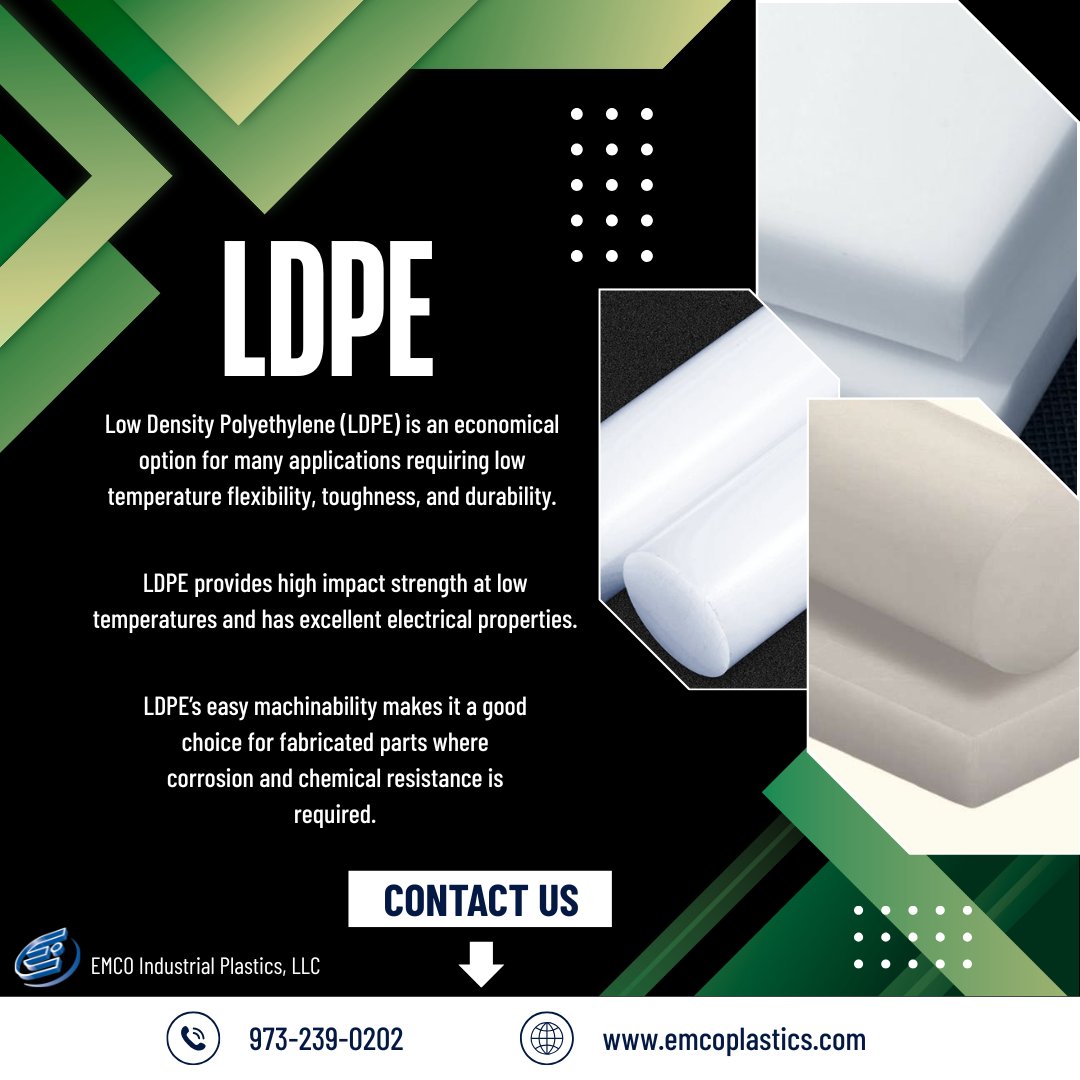 EmcoPlastics's tweet photo. We supply high quality LDPE that’s flexible, lightweight, and durable for applications that require toughness, but minimal weight. Reach out to us for more information. 

#LDPE #polyethylene #plastics https://t.co/KYAuiBrh2E