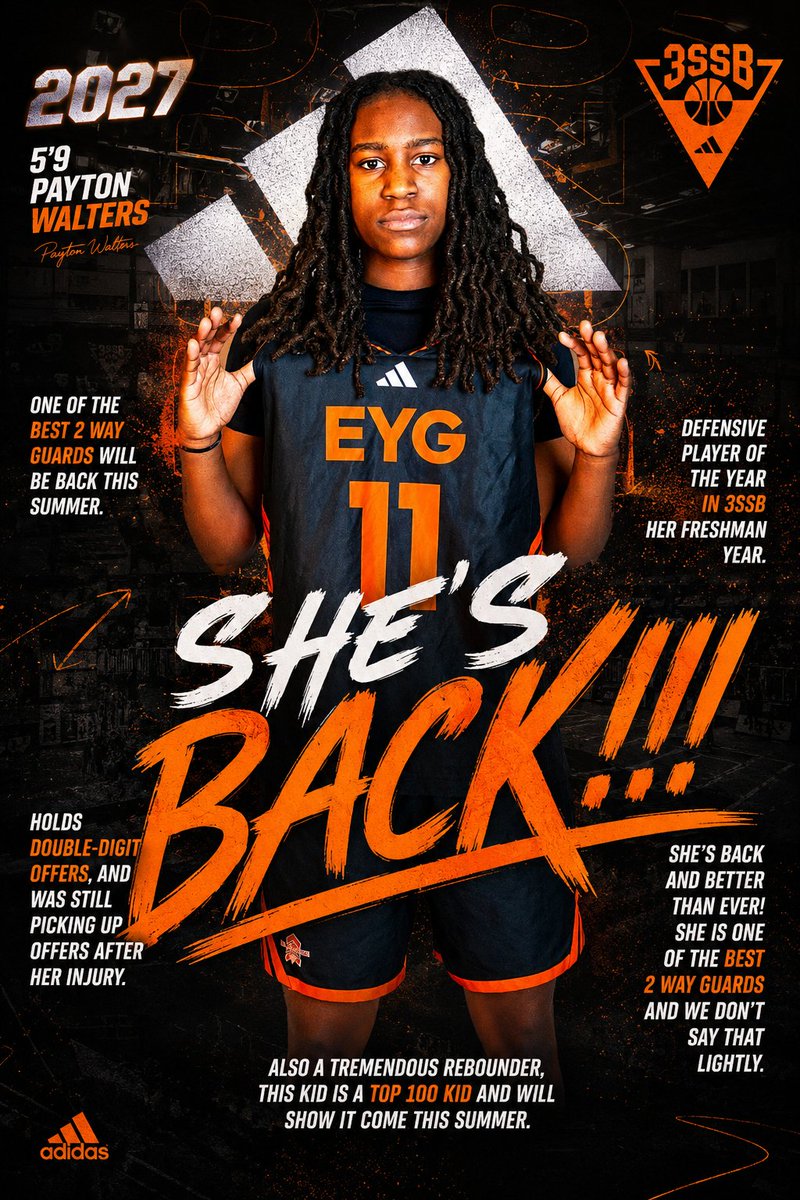 Elevate_Elite's tweet photo. Let me reintroduce one of the best players in the 2027 class — Payton Walters. 

One of the top talents out of the DMV, she’s ready to remind everyone why she’s considered one of the best 2-way guards anywhere. A complete player in every sense. A lot of players can score… but very few can truly dominate on both ends of the floor the way Payton does.

A former 3SSB Defensive Player of the Year, she’s back healthy, motivated, and ready to make a statement this summer. Already holding 15+ offers, Payton brings the mentality, toughness, and competitiveness coaches look for at the highest level.

We know guards — and this kid is different. It will be a hot summer. 🔥 
#EYG #3SSB #3StripeLife