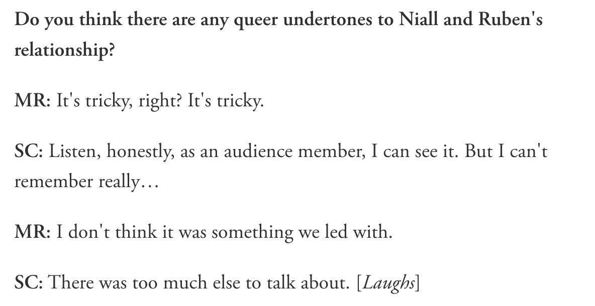 meeksOP81's tweet photo. #HalfMan's Stuart and Mitchell's interview for GQ: 

Do you think there are any queer undertones to Niall and Ruben's relationship? 
MR: "I guess if there is an undertone of [queerness], it wasn't intentional. But it's interesting that maybe that is something that comes across." https://t.co/GXwUOjgV3X