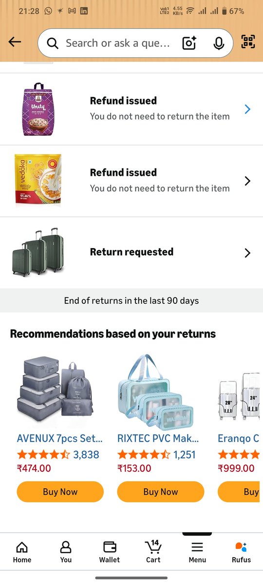 AdwikArsh's tweet photo. @AmazonIN frustrating now! 😡
As you can see, almost every order is showing “Refund Issued – No need to return” instead of being delivered.
I am repeatedly placing orders but not receiving anything. This is wasting my time.#AmazonIndia #Frustrated #CustomerExperience https://t.co/O84sYD9KxK