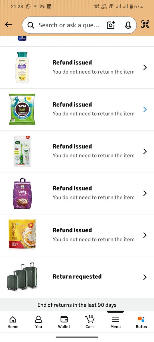 AdwikArsh's tweet photo. @AmazonIN frustrating now! 😡
As you can see, almost every order is showing “Refund Issued – No need to return” instead of being delivered.
I am repeatedly placing orders but not receiving anything. This is wasting my time.#AmazonIndia #Frustrated #CustomerExperience https://t.co/O84sYD9KxK