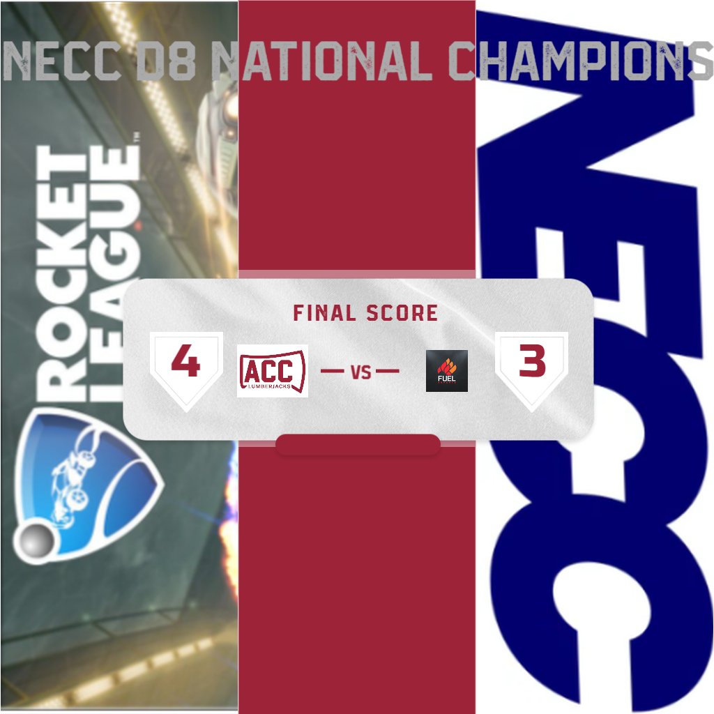 ACCLumberjacks's tweet photo. Your Lumberjacks are the NECC D8 Champions in Rocket League! What a season it has been, all the way from the beginning. Thank you everyone for all of your support throughout it all. Congratulations to the Rocket League Team! #GoJacks https://t.co/Q2Cn1hw1xU