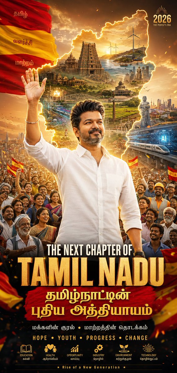 subanthore's tweet photo. @TVKVijayHQ
A new generation is rising.
A new chapter begins.

Tamil Nadu stands at the edge of transformation — powered by youth, hope, progress, and the voice of its people.

“தமிழ்நாட்டின் புதிய அத்தியாயம்”

#Vijay
#TVK
#TamilNadu
#TamilNadu2026
#ThalapathyVijay
#தமிழ்நாடு https://t.co/zYLUtetFcT