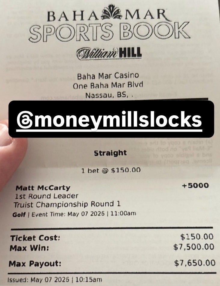 moneymillslocks's tweet photo. McCarty! BANG ‼️ 
Continue to crush… Our, 3rd First round leader in my last 4!! Given out to VIP’s on Wednesday afternoon.. this is what I do! 
@Golfbet @DubClub_win @ThePME @RickRunGood @MrBradThomas 
Vacation bonus @BahaMarResorts https://t.co/CXsj22W0Ib