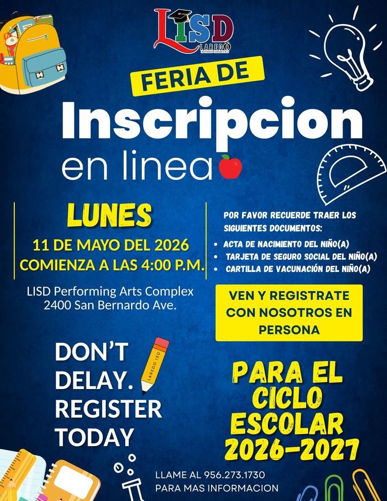 KawasElementary's tweet photo. 📢 Attention Parents!

Online registration for Laredo ISD  will take place district-wide this Mon., May 11th, starting at 4 PM at the LISD Performing Arts Complex.

If you have not registered your child yet, we encourage you to join us for assistance with registration. https://t.co/JIl3GECwyg