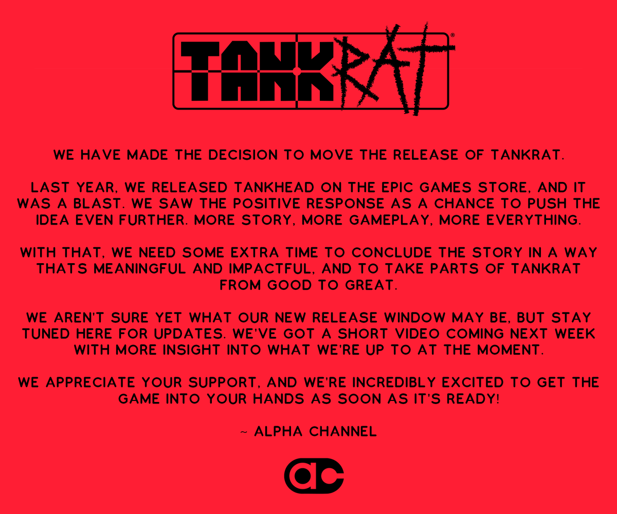 playtankrat's tweet photo. We have decided to move the release of TankRat. 

More information below. Thank you so much for your support and your patience! https://t.co/k4o0B2ERnd