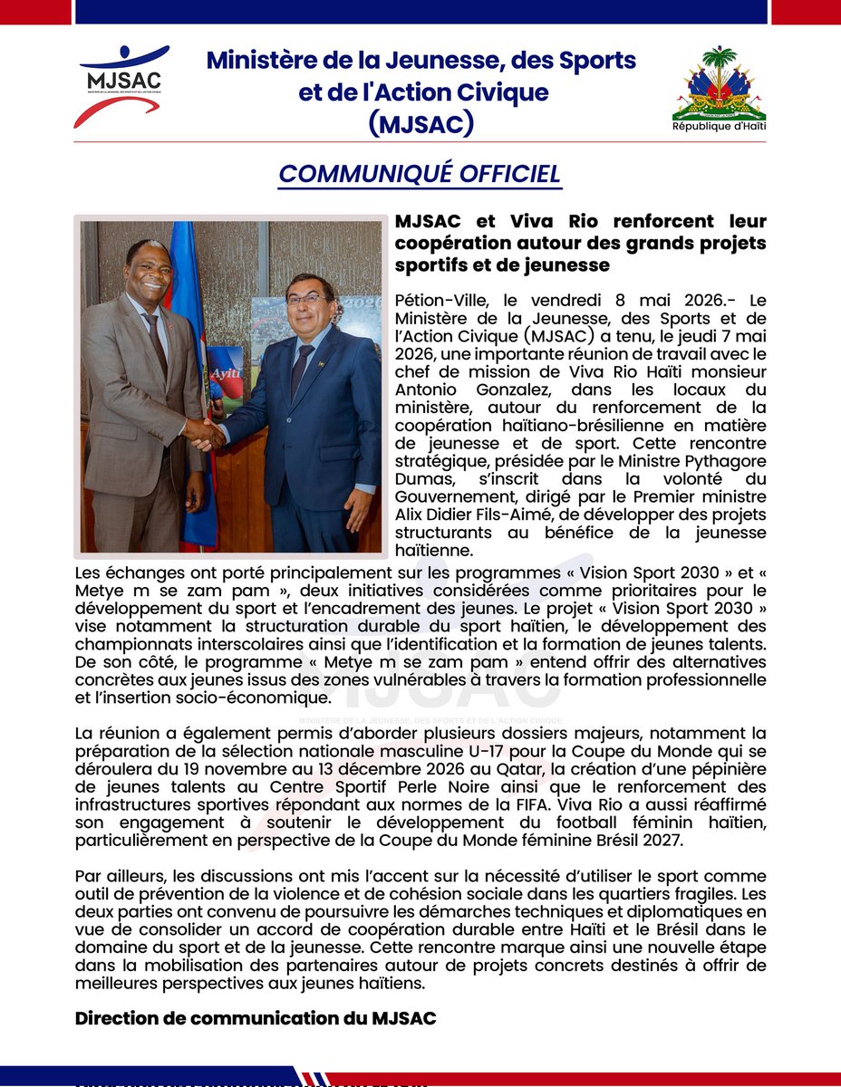 mjsacinfo's tweet photo. Le MJSAC a tenu, ce jeudi 7 mai, une importante réunion de travail avec Viva Rio Haïti autour du renforcement de la coopération haïtiano-brésilienne en matière de jeunesse et de sport.
@PresidenceHT @PrimatureHT @DUMAS_pythagore @Viva_Rio @followers https://t.co/sUVrqNN3t2