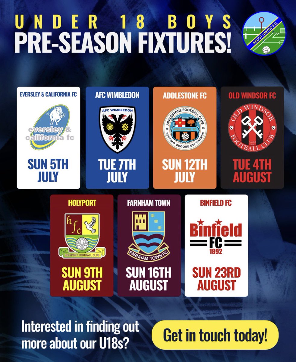 DavidBurton1971's tweet photo. 💙💛 ⚽️We are pleased to announce the @AscotUnitedFC U18s pre-season fixture schedule ahead of the 2026/27 campaign

A strong line-up of fixtures against a very good mix of opposition across July & August 👊 

A big thank you to all the clubs involved 🤝

We are still open to hearing from ambitious players currently playing @IsthmianLeague, Allied Counties or Step 6 football, who are looking for a competitive environment and a genuine pathway into senior Step 4 football  - 📩 DM if interested.

#AscotUnited #U18s #PreSeason #YouthFootball #NonLeagueFootball