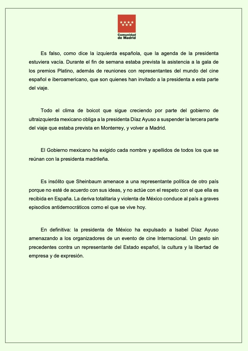 🔥BOOOOM🔥

<a href="/ComunidadMadrid/">Comunidad de Madrid</a> 
emitió un comunicado plagado de MENTIRAS 
contra el Gobierno de la Presidenta <a href="/Claudiashein/">Claudia Sheinbaum Pardo</a> 

Acusa un FALSO BOICOT 
a un festival de cine en el que el Gobierno mexicano 
NO TIENE NINGUNA PARTICIPACIÓN

<a href="/IdiazAyuso/">Isabel Díaz Ayuso</a> quiere justificar así el FRACASO