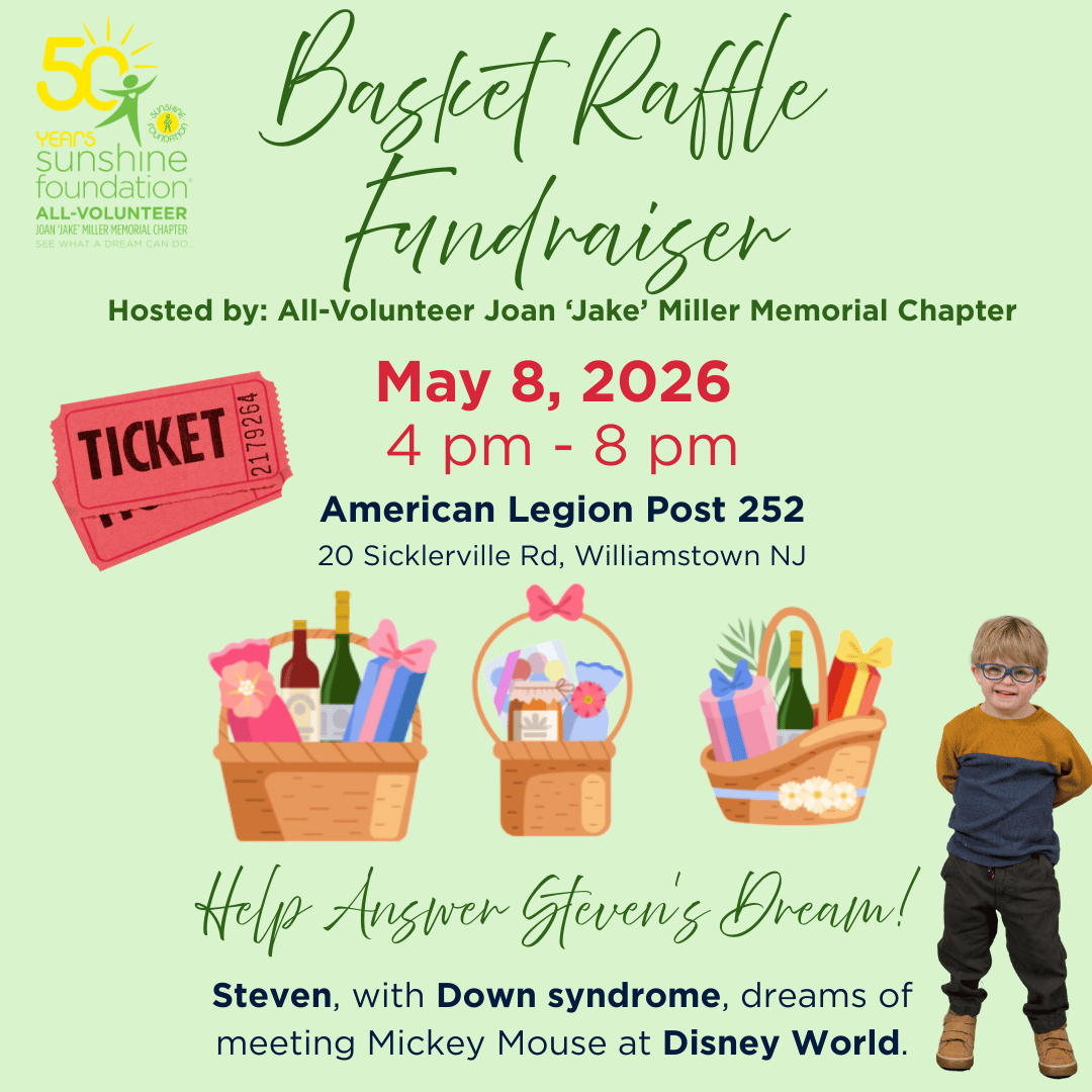 ksample5's tweet photo. WILLIAMSTOWN NJ, TODAY, 4-8pm, please join @SunFound ALL-VOLUNTEER Joan "Jake" Miller Memorial Chapter BASKET RAFFLE to help make Steve's dream come true! Steven has Down Syndrome &amp; would not qualify for any other national wish granting 501c3. He dreams of going to @Disney! 🌞 https://t.co/LM3VmEBx1d