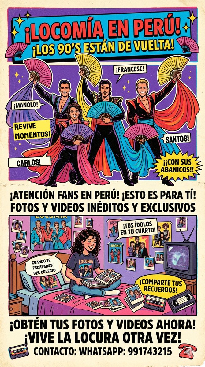 5dimensionperu's tweet photo. ¿Quién más tenía su cuarto lleno de pósters de Locomía? 🙋‍♀️✨
​Aquellos años en los que esperábamos ver a Francesc, Carlos y todo el grupo en la televisión peruana... 
​👉 Más info aquí: WhatsApp+51 991743215
¡La locura no ha terminado! 🌀
​#LocomiaPeru #Locomia #90s  #FansLocomia https://t.co/yW0d01V45h