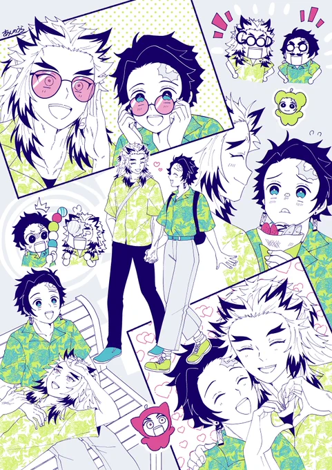 🔥🎴煉炭イラスト。キ学軸。
デートの様子をね、前に描いたごちゃまぜ感が楽しかったのでまたやった。幸せであれぃ! 