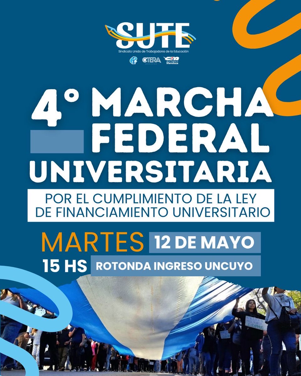 sutemendoza's tweet photo. El SUTE se suma a la 4ta MARCHA FEDERAL Universitaria 

❓¿Por qué? 

Las Universidades Ncionales atraviesan una crisis *muy grave*: salarios por el piso, ajuste presupuestario, recortes en investigación y en hospitales.

🗓️ Martes 12/05
📍Rotonda de ingreso a la UNCUYO 
🕣15 HS https://t.co/je6mmRFcYu