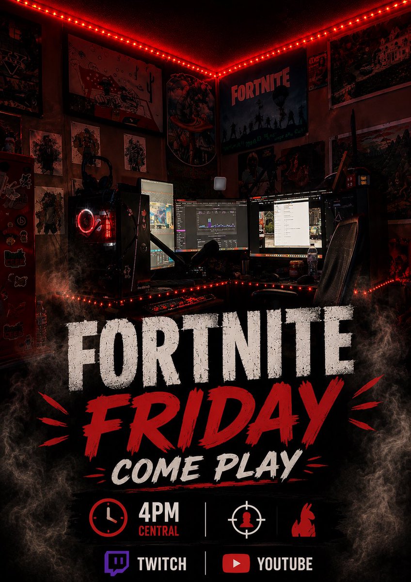 FORTNITE FRIDAY IS LIVE TODAY 🔥🎮

Pull up and come play with the community!
Going live at 4PM Central on Twitch &amp; YouTube 👀

Customs, chaos, laughs, and good vibes all stream long.
ALL ARE WELCOME 💨🔥

#Fortnite #FortniteFriday #Gaming