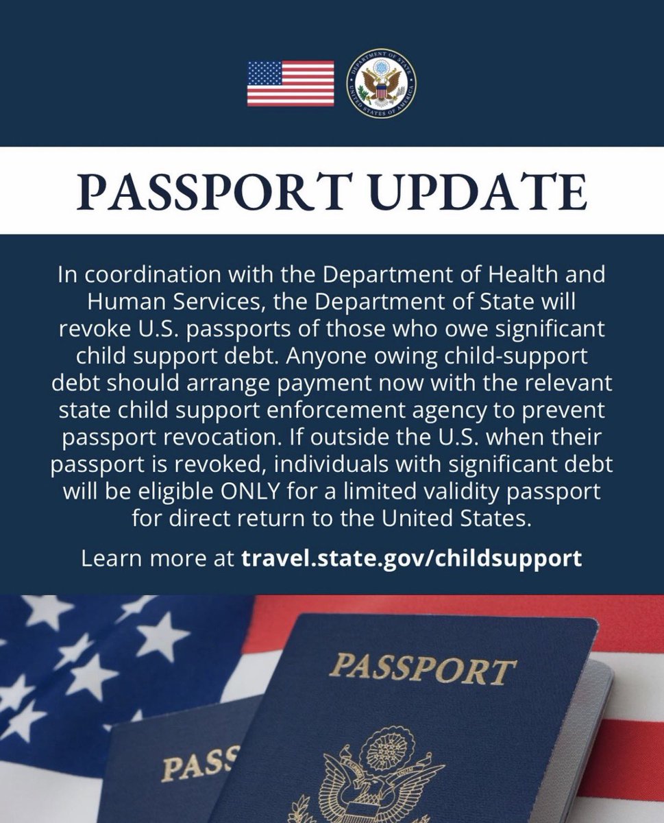 EmbajadaUSAenRD's tweet photo. ACTUALIZACIÓN DE PASAPORTE

En coordinación con el Departamento de Salud y Servicios Humanos, el Departamento de Estado revocará los pasaportes estadounidenses de aquellas personas que tengan una deuda significativa de manutención infantil. Cualquier persona que tenga una deuda de manutención infantil debe hacer arreglos de pago ahora con la agencia estatal correspondiente encargada del cumplimiento de la manutención infantil para evitar la revocación del pasaporte. Si una persona se encuentra fuera de los Estados Unidos cuando su pasaporte sea revocado, solo será elegible para un pasaporte de validez limitada para regresar directamente a los Estados Unidos.

Obtenga más información en: https://t.co/ILCtyQac2H
