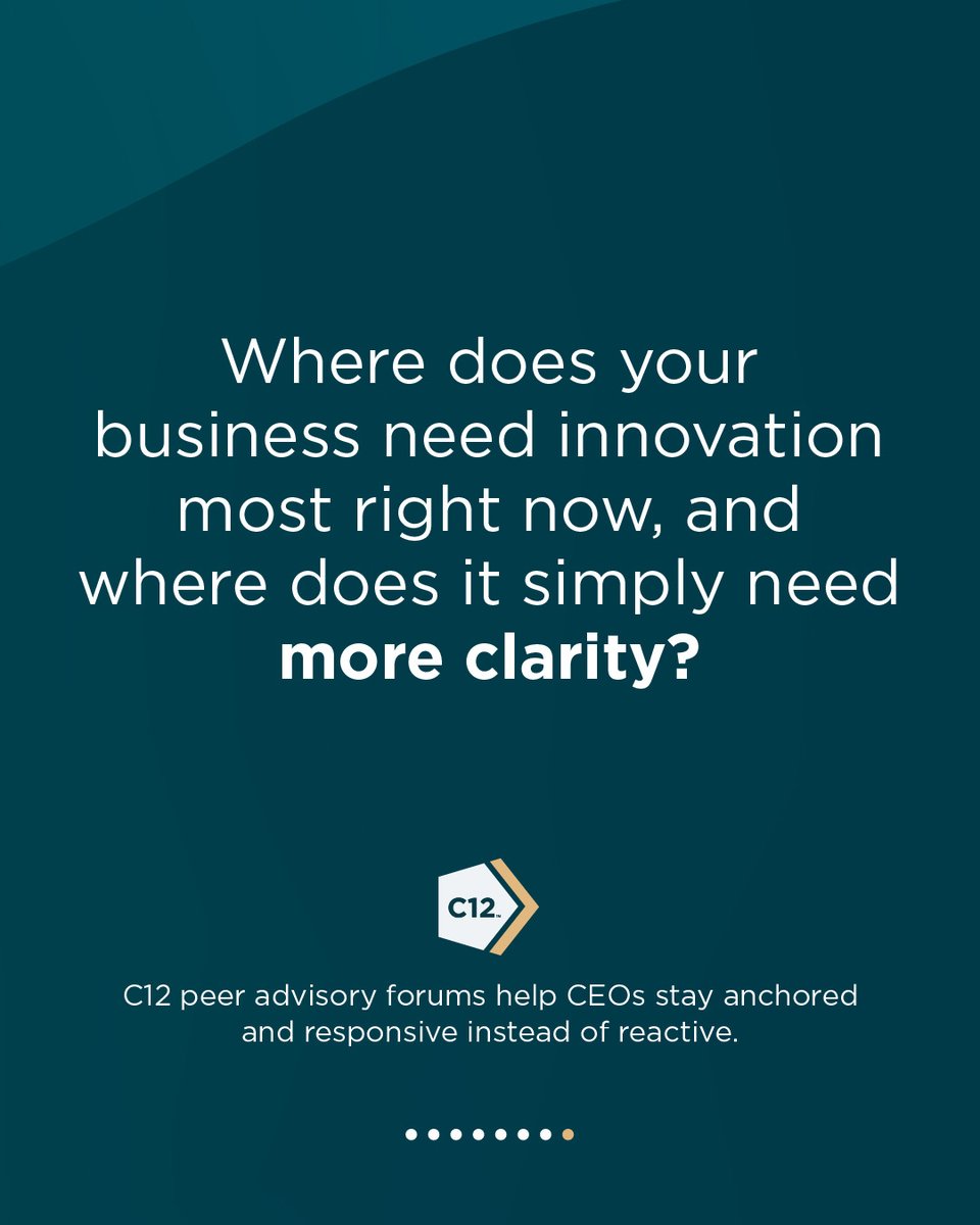 DavidWeigelt's tweet photo. As someone whose led innovation for a company doing business in 14 countries, let me offer an observation and a challenge: if your growth strategy assumes a million dollars today means what it did 20 years ago, something needs to change.

But here's the trap most leaders fall into. We respond by innovating everywhere at once. More initiatives. More pivots. More tinkering and noise.

Innovation rarely fails from lack of ideas. It fails from lack of focus.

This month in @c12forums  we're focused on practical, effective ways to make innovation a productive part of your company's culture. And then 12 CEOs around the table will wrestle with what that looks like in their day-to-day and what they've actually lived through.

If you're a Christian business leader in Maryland and want to learn more or request an invitation, message me or call 301-471-0373. - David

#innovation