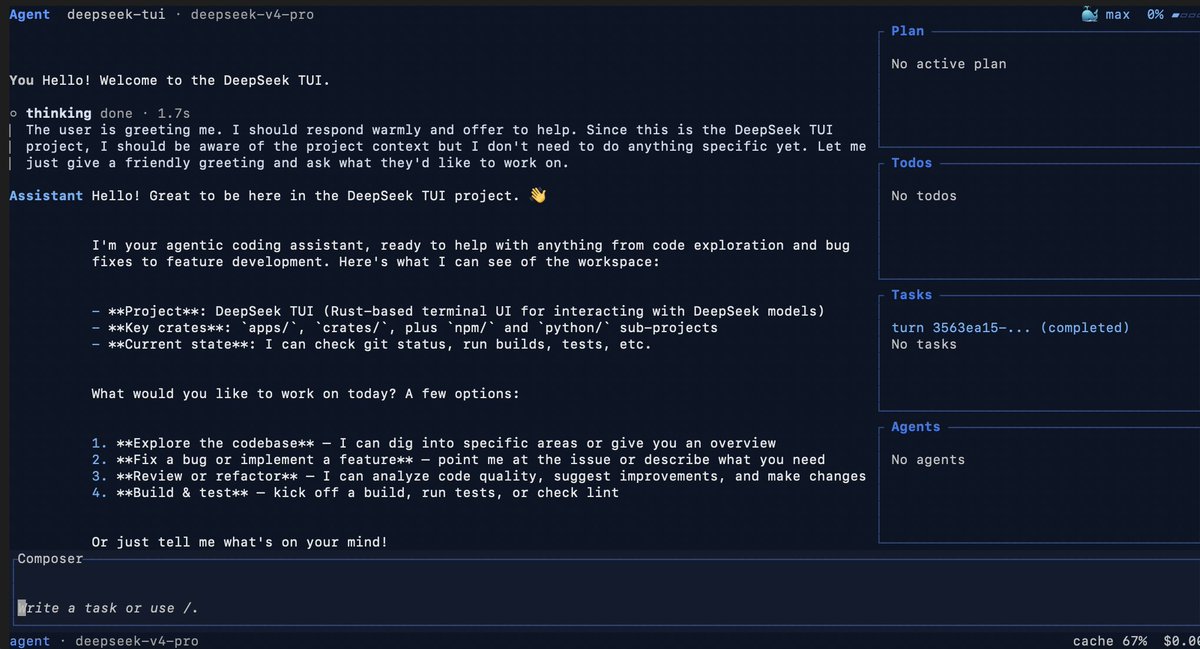 simplifyinAI's tweet photo. Someone just open-sourced a Claude Code alternative for DeepSeek that runs in your terminal.

It's called DeepSeek-TUI. A full coding agent with file editing, shell execution, web browsing, git ops, and MCP server support. 

Plan mode, Agent mode, and YOLO mode out of the box.

100% Open Source.