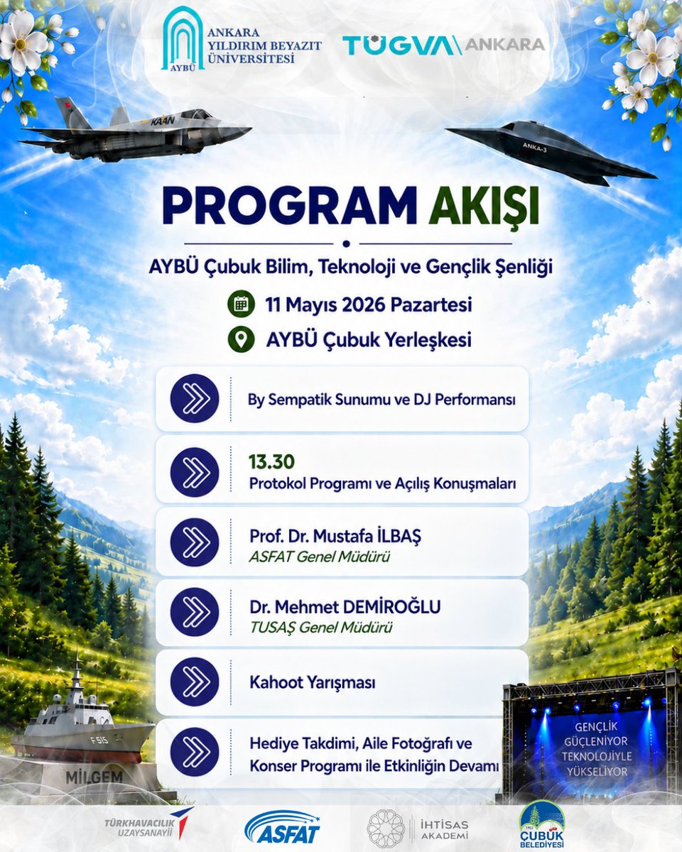 ybuankara's tweet photo. 🥳 Üniversitemiz Öğrenme ve Öğretme Merkezi (ÖĞMER) ve TÜGVA iş birliğiyle; bilim, teknoloji, havacılık ve gençlik vizyonunu bir araya getiren İHTİSAS AKADEMİ 2026 programı kapsamında AYBÜ Çubuk Bilim, Teknoloji ve Gençlik Şenliği öğrencilerimizle buluşuyor.

📅 Tarih: 11 Mayıs 2026 Pazartesi

📍 Yer: AYBÜ Çubuk Yerleşkesi

🕜 Protokol ve Açılış Programı: 13.30

TUSAŞ, ASFAT ve Çubuk Belediyesi katkılarıyla gerçekleştirilecek etkinlikte; sergiler, stantlar, teknoloji ve havacılık buluşmaları, yarışmalar, hediyeler ve konser programı öğrencilerimizi bekliyor.

Tüm öğrencilerimizi bu büyük açık hava teknoloji ve gençlik buluşmasına bekliyoruz. 🙋🏼‍♀️

@acengizkoseoglu
@aybuogmer 
@tugvaankara
@TUSAS_TR
@MSB_ASFAT
@cubukbelediyesi
@ihtisas_akademi