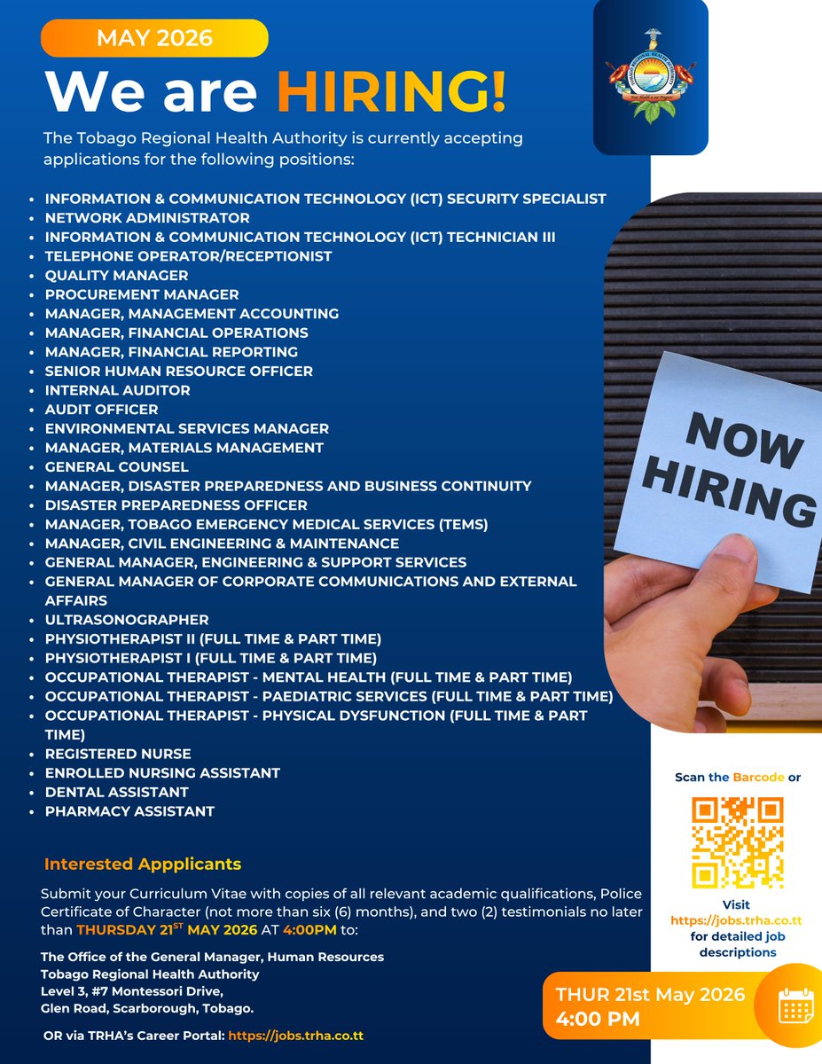LabourGovTT's tweet photo. #APPLYNOW Applications are invited to suitably qualified persons for the following positions within the Tobago Regional Health Authority (TRHA). https://t.co/NAPgZ5eR20