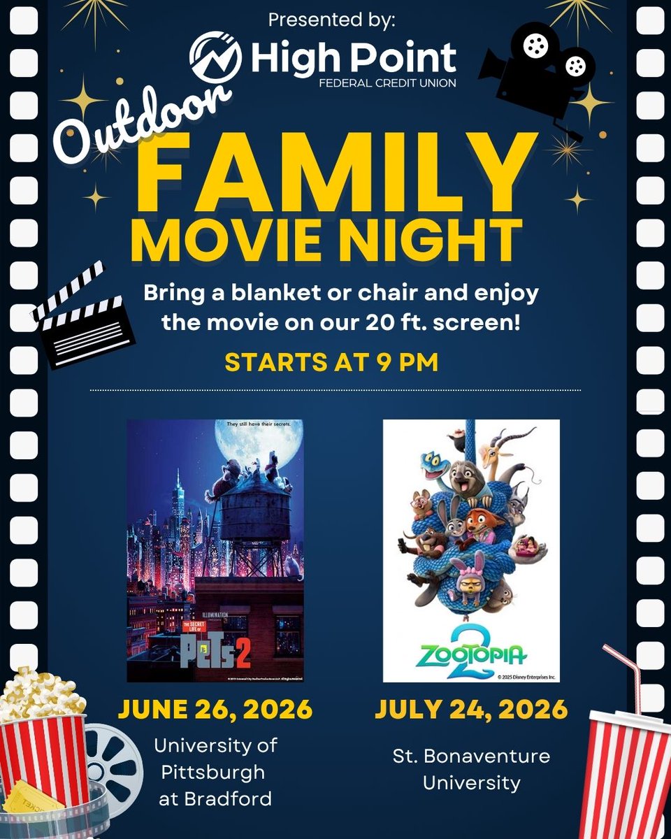 HighPointFCU's tweet photo. ⭐Save the dates!📆 Join us this summer for our Outdoor Family #Movie Nights at Pitt-Brad University and St. Bonaventure University! 🎬🍿📽️

#JourneysStartHere #PeopleHelpingPeople #HighPointFCU https://t.co/Nkc08rUgMu
