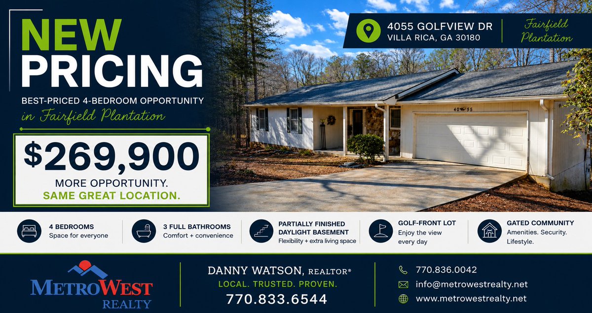 Realtor1Danny's tweet photo. 🚨 Price Improvement — $269,900
4055 Golfview Dr
Villa Rica, GA
✔ 4 Bed
�� 3 Bath
✔ Basement
✔ Golf-Front
✔ Fairfield Plantation

Priced to reflect condition and allow room for updates over time.
🎬 Audio tour available in up to 30 languages.
📺 https://t.co/OsSv9WCxNW https://t.co/MGs7O70Mri