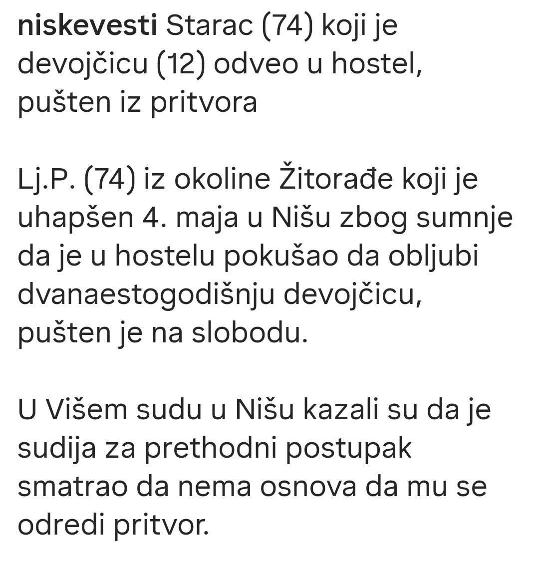 sstassiijaa's tweet photo. Juce uhapsen, danas na slobodi. Da li je moguce da sistem porucuje da je bezbednost dece nebitna? Ako ovo nije osnova za pritvor, sta jeste? Narod ne sme da cuti na ovakve vesti iz Nisa. Uzas je blaga rec! 🚩💔
.
.
.
.
.#niš #caosvima #viralpost #savekid https://t.co/a3IT3Dpyyb