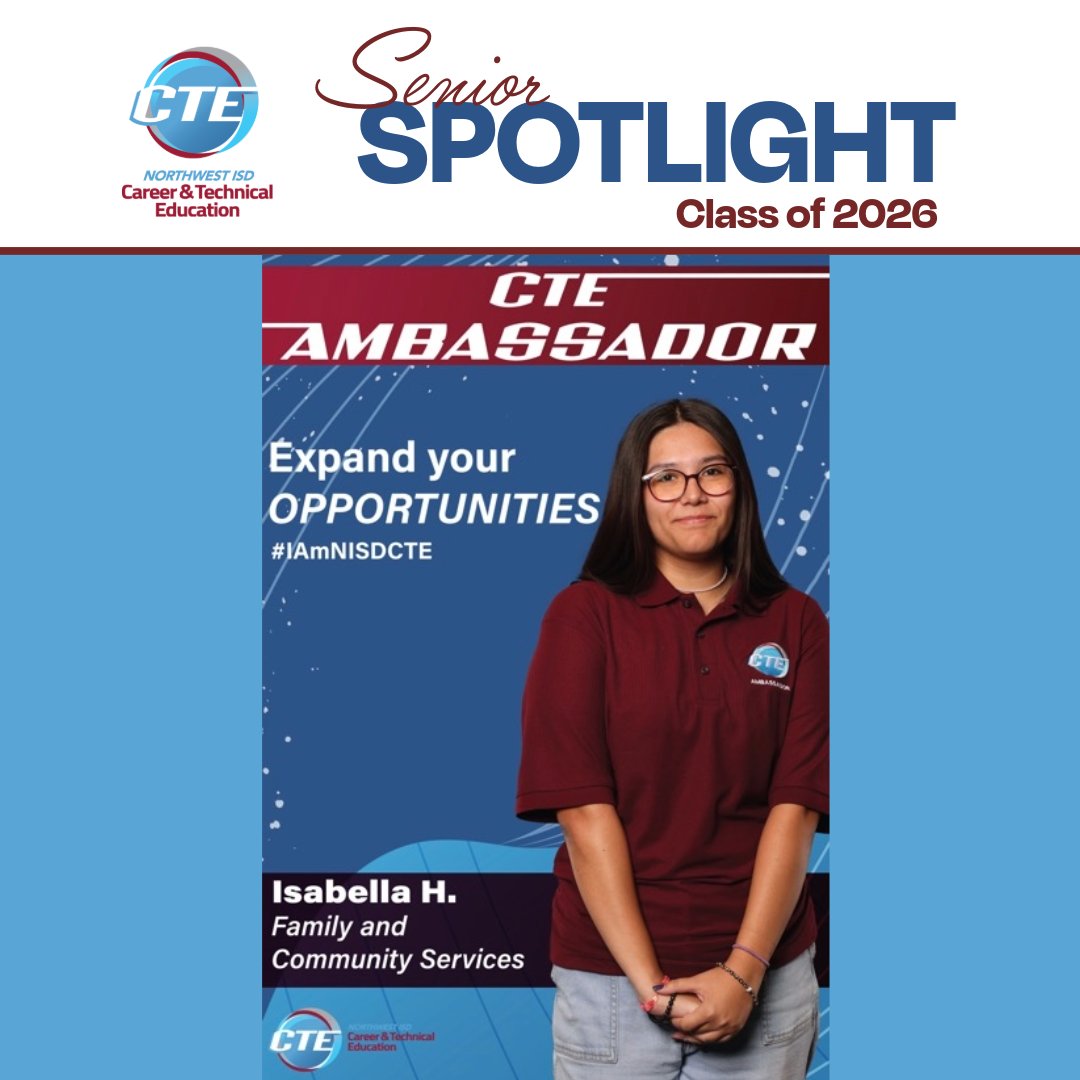 NisdCTE's tweet photo. 🎓Congrats to Class of '26 NISD CTE Ambassador ISABELLA H. | Family &amp; Community Services at @EatonHighSchool🍎Isabella would like to recognize CTE teacher Angela Bolton for being such a wise mentor + always answering questions with patience and guidance! Read about Isabella⬇️ https://t.co/bRdhxjWdEG