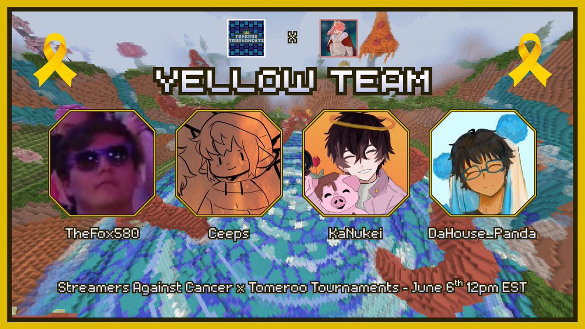 Streams4Sarcoma's tweet photo. Introducing Yellow Team!

@TheFox580 @CallMeCeeps @KNukei @DaHouse_Panda  

Watch them play in #StreamersAgainstCancer x @TomerooTourneys on Saturday June 6th at 12pm EST / 5pm BST! https://t.co/oMKe94CShH