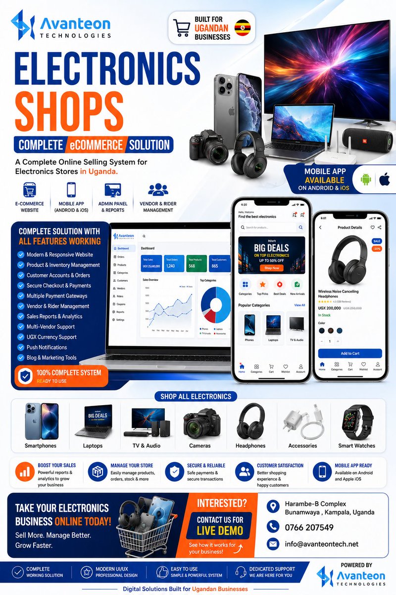 avanteontech's tweet photo. Electronics Shops in Uganda 🇺🇬

Take your business online with a COMPLETE eCommerce Website + Mobile App Solution 🚀

 Android &amp; iOS Apps
Inventory Management
Orders &amp; Customer Accounts
Vendor &amp; Rider System
Secure Payments
UGX Support
📍 Bunamwaya Kampala https://t.co/UgiANiuQFp