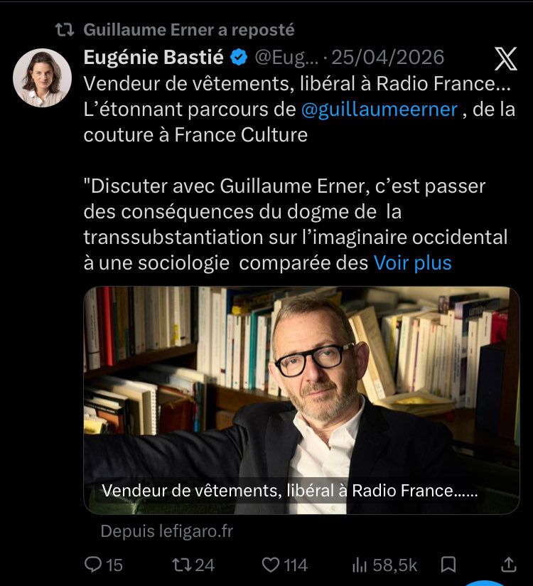 <a href="/AkimOmiri/">Akim Omiri</a> <a href="/franceculture/">France Culture</a> <a href="/guillaumeerner/">Guillaume Erner</a> Son dernier retweet : 

(Eugenie bastié dont nul n’ignore aujourd’hui qu’elle est d’extrême droite, raciste et opposante farouche au mariage homosexuel