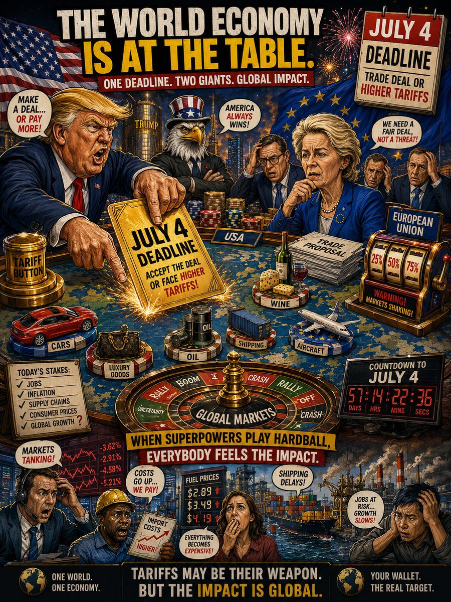 AitoolsStudio's tweet photo. Trump just gave the European Union a July 4 deadline:

Accept the trade deal…
or face higher US tariffs.

At this point, global politics is starting to look less like diplomacy…

and more like high-stakes business negotiations with entire economies on the table.

One deadline.
Two economic giants.
And the rest of the world watching to see who blinks first. 🌍💼

Do aggressive tariff threats actually strengthen a country’s negotiating power…

Or do they create long-term global economic instability?

#Trump
#EuropeanUnion
#TradeWar
#Tariffs
#GlobalEconomy
#USPolitics
#EU
#WorldNews
#Markets
#Geopolitics