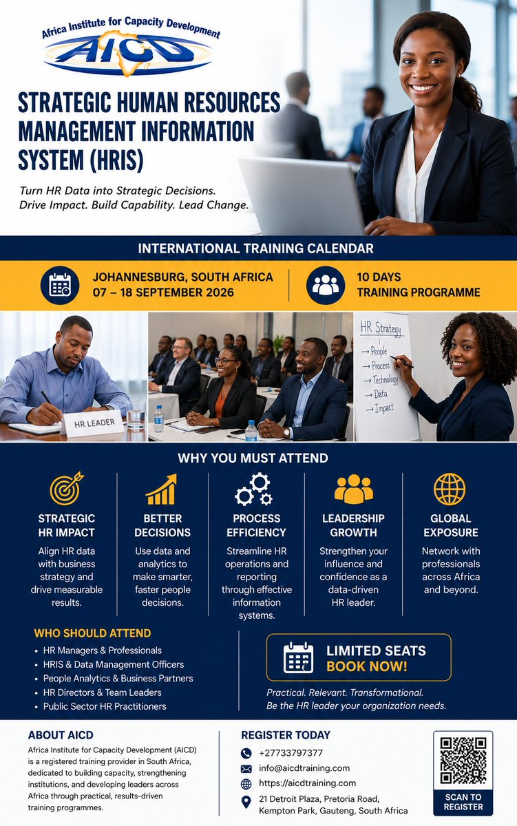 AICD_'s tweet photo. HR professionals and organisational leaders across Africa are invited to the Strategic HRIS International Training Programme in Johannesburg from 07–18 Sept 2026. Gain practical skills in HR analytics, digital HR systems, workforce planning https://t.co/4NAS20Y6Pg https://t.co/BgLTTrtCC0