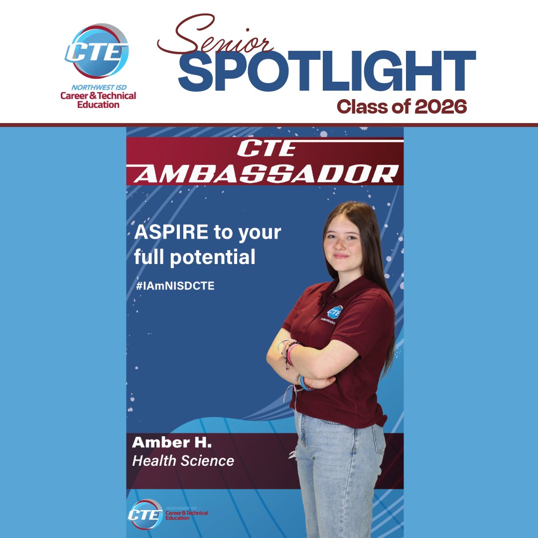 NisdCTE's tweet photo. 🎓Congrats to Class of '26 NISD CTE Ambassador AMBER H. | Health Science @NHSTexans 
🍎Amber would like to recognize CTE teachers Suzanne Miller, Rikki Rice, and Andrea Pasnewski for pushing her to be successful + the impact they've had! Read about Amber⬇️ https://t.co/6MBZk8j8M9
