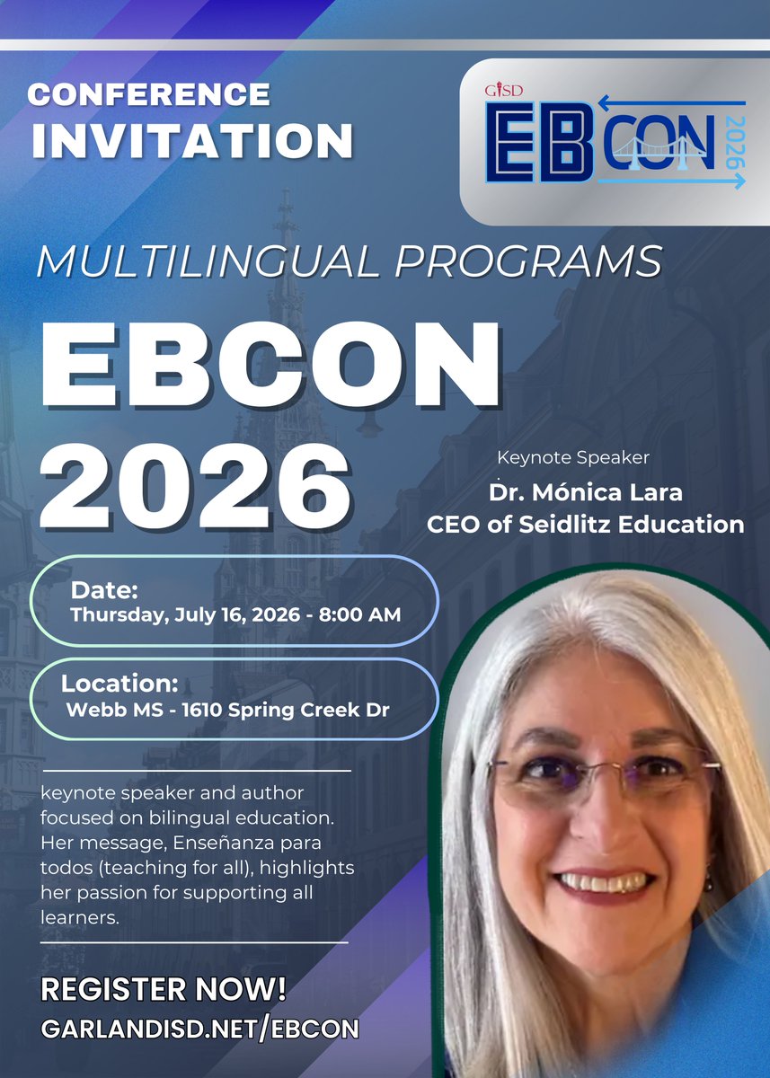 GISD4EBs's tweet photo. We’re excited to welcome Dr. Mónica Lara as the keynote speaker for #EBCon2026!
CEO of Seidlitz Education, author, and advocate for bilingual and multilingual learners, Dr. Lara inspires educators through her work in literacy, language development, and teaching for all students. https://t.co/y05XnWoJON