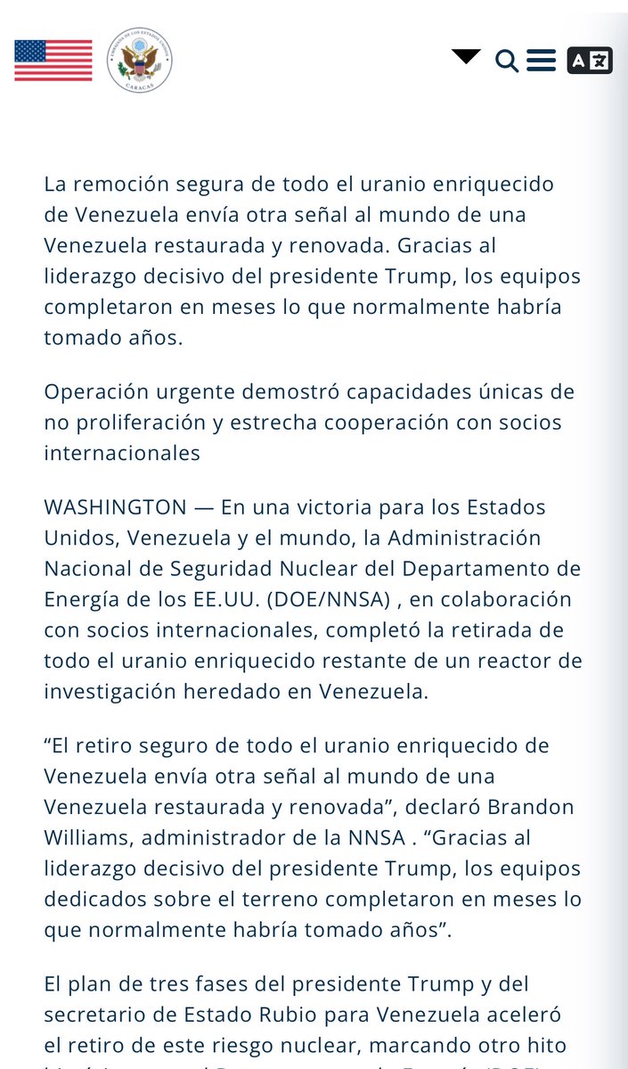 #URGENTE | EEUU confirma que el régimen de Delcy Rodríguez retiró de Venezuela todo el uranio enriquecido que había por órdenes de la administración Trump.