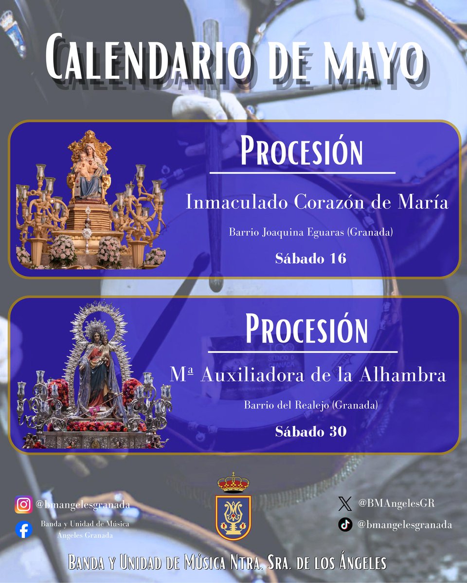 ✨ MAYO DE GLORIAS ✨

— CALENDARIO —

📍 16 de mayo · <a href="/inmcorazongr/">Inmaculado Corazón</a>
📍 30 de mayo · <a href="/auxilioalhambra/">Auxiliadora Alhambra</a>

 ¡Que suenen los Ángeles!