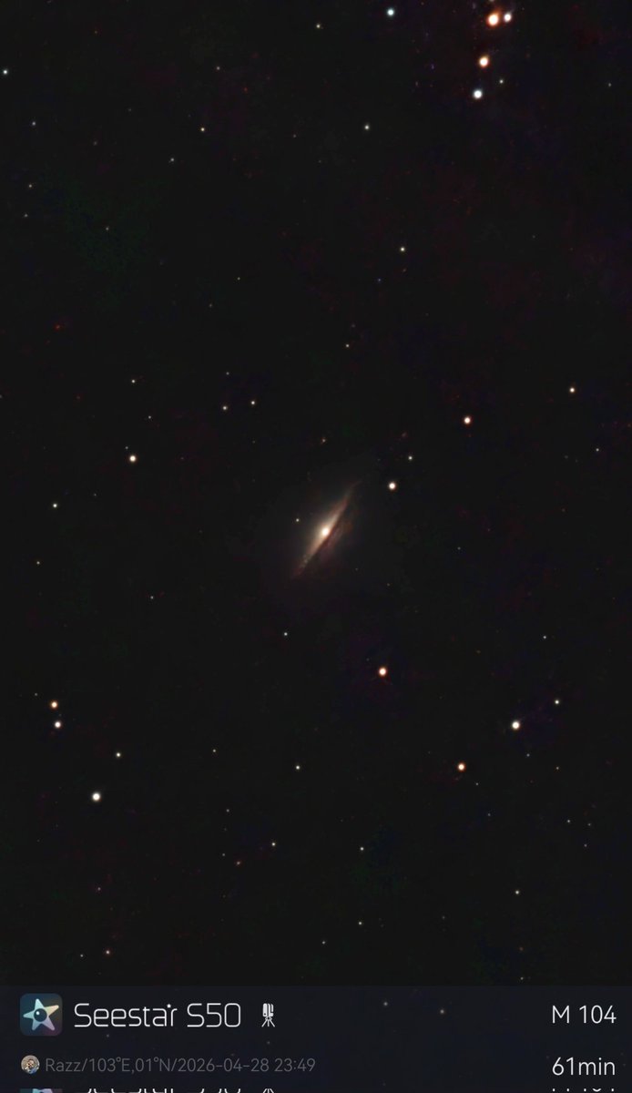 stnite48's tweet photo. Sombrero Galaxy (M104) is a stunning celestial object located 28 to 31 million light-years away.Named for its resemblance to a Mexican hat, featuring a bright, bulbous central core (bulge) and a dark rim of dust lanes silhouetted against a flat disk. https://t.co/dL3H1iltJO
