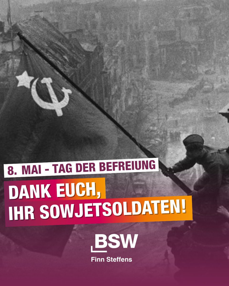 finn_steffens's tweet photo. 81 Jahre nach dem #TagDerBefreiung gilt mehr denn je: Nie wieder Krieg. Nie wieder Faschismus. 🕊️

Unser Dank gilt allen Aallierten, insbesondere den sowjetischen Soldaten sowie aller Opfer des 2 WK, die Deutschland &amp; Europa vom NS befreit haben. 

#NieWiederKrieg #Frieden #BSW https://t.co/7sxAXYQ8PO