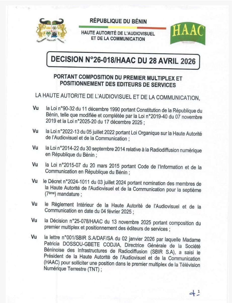 actualites229's tweet photo. 🇧🇯 La Haute Autorité de l’Audiovisuel et de la Communication (#HAAC) dévoile la composition du 1er multiplex et positionnement des éditeurs de services de la Télévision Numérique Terrestre (TNT).
Lire l'intégralité de ladite décision⬇️ https://t.co/cdCJtdqadQ